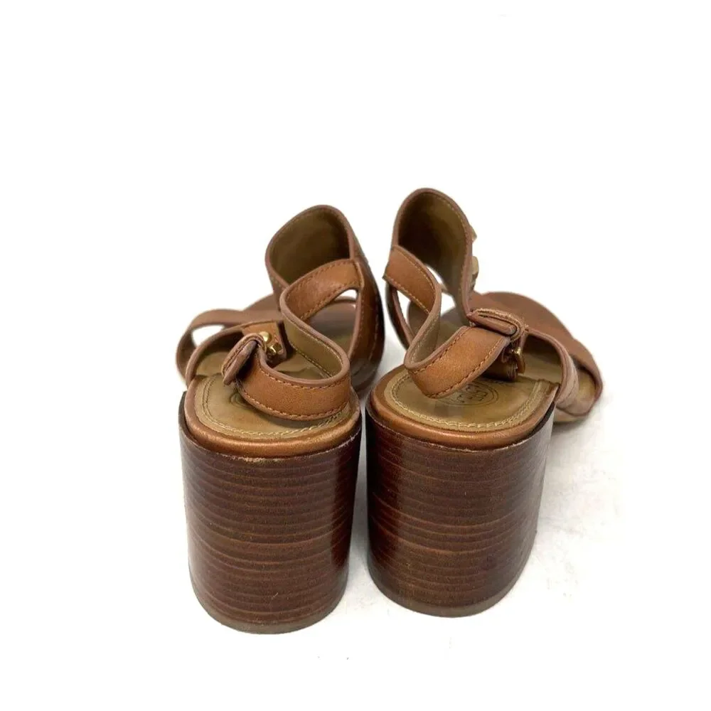 Tory Burch Tan Leather Everly Block Heel Slingback Sandals Size 7.5 Gold Logo